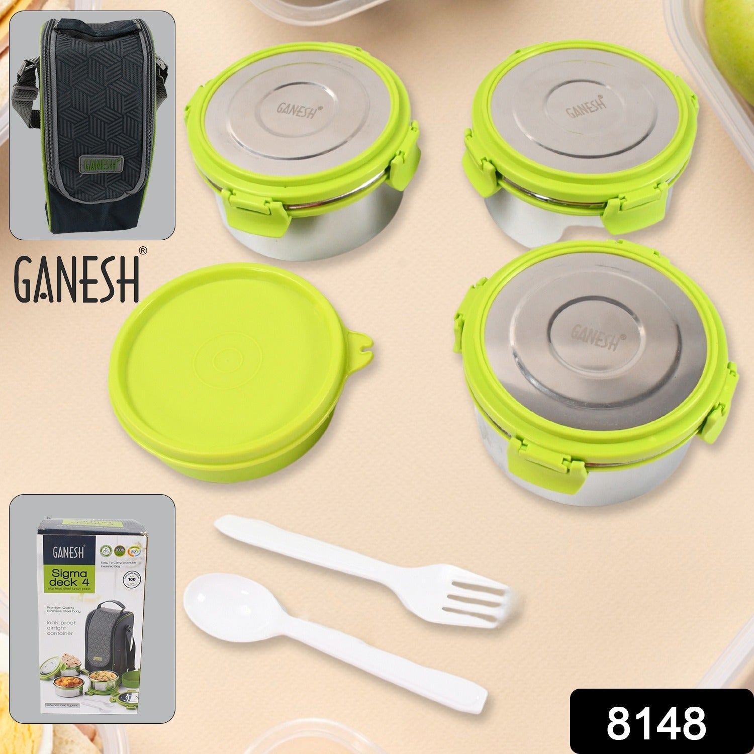 8148 Stainless Steel Tiffin Lunch Box Container / Dabba with 4 Side Clip Lock Lid for Office & School Use/ Food Grade / Air Tight / Easy to Carry / Leak Proof 8148 Stainless Steel Tiffin Lunch Box Container / Dabba with 4 Side Clip Lock Lid for Office & School Use/ Food Grade / Air Tight / Easy to Carry / Leak Proof
